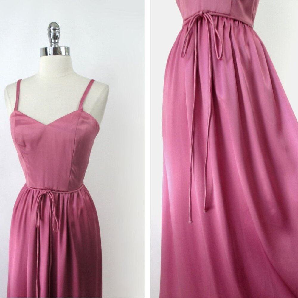 Vintage 70s Pink Satin Party Dress Gown S - Picture 3 of 7